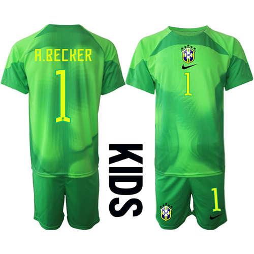 Camisa de time de futebol Brasil Alisson Becker #1 Goleiro Replicas 2º Equipamento Infantil Mundo 2022 Manga Curta (+ Calças curtas)